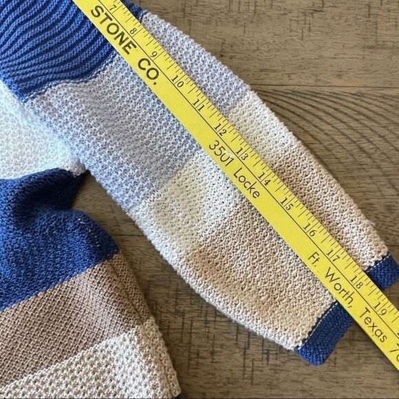 Chico's Cotton Blend Multi Striped Blue, Tan and White Boatneck Sweater Size 8 - Picture 4 of 7